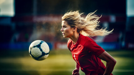 Female soccer player in red uniform is about to kick the ball.