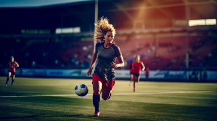 Woman running with soccer ball in her hand on soccer field. - obrazy, fototapety, plakaty