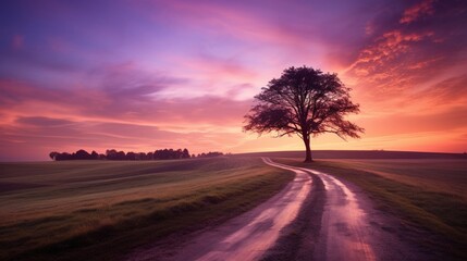 A quiet country road at sunset, with the sky transitioning from apricot to deep plum.