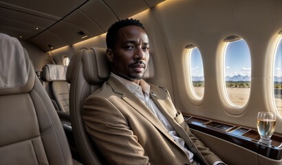 African businessman inside a private jet - obrazy, fototapety, plakaty