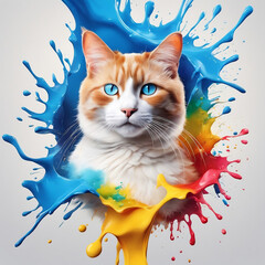 Portrait of a cat with blue eyes, in splashes of paint on a white background. Cat illustration for fashion print, textile poster.