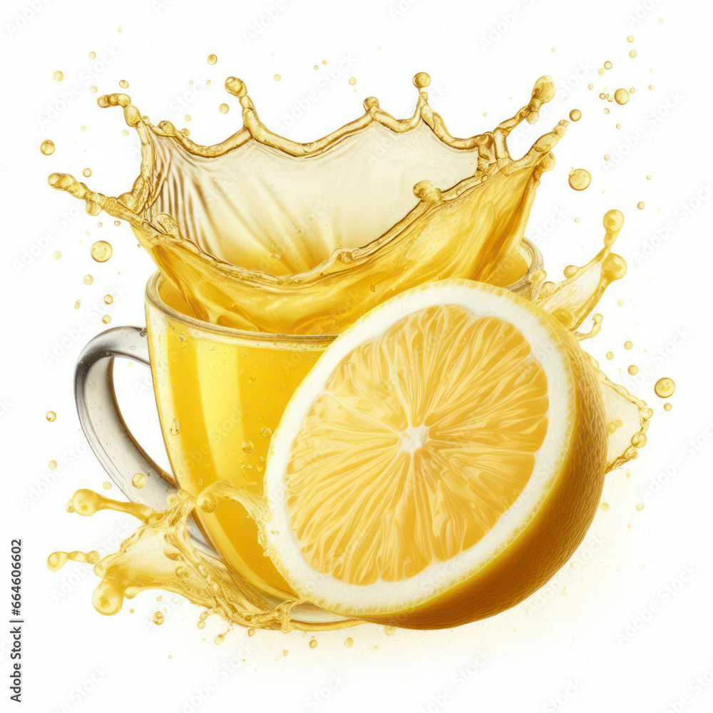 Poster lemon juice splash with slice isolated on white background. ai generative