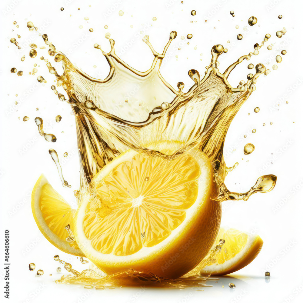 Poster lemon juice splash with slice isolated on white background. ai generative