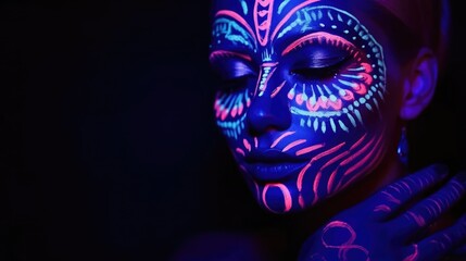 Portrait of woman with ethnic pattern neon makeup in ultraviolet light UV painted face and hand colourful make up 