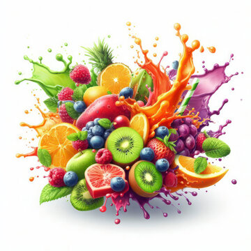 multifruit juice splash isolated on white background. ai generative