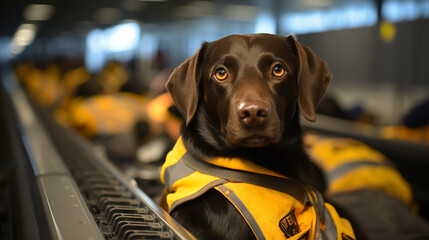 An elite sniffer dog working at an airport, assisting in the detection of illegal substances. - obrazy, fototapety, plakaty