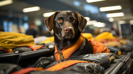An elite sniffer dog working at an airport, assisting in the detection of illegal substances. - obrazy, fototapety, plakaty