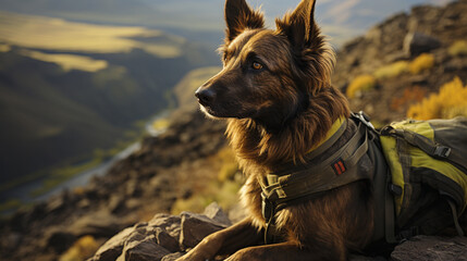 A border patrol dog on duty, diligently patrolling a remote, rugged terrain. - obrazy, fototapety, plakaty