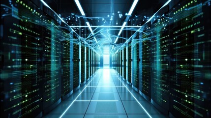 Fototapeta premium Shot of Corridor in Working Data Center Full of Rack Servers and Supercomputers with Internet connection Visualisation Projection 