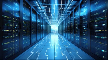 Shot of Corridor in Working Data Center Full of Rack Servers and Supercomputers with Internet connection Visualisation Projection 