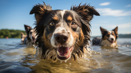 A canine squad training on the beach, practicing water rescues and swimming.