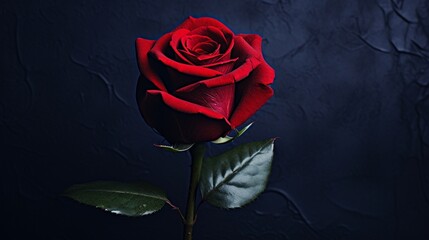 A red rose in full bloom against a deep navy backdrop.