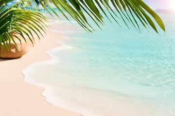 Fototapeta na wymiar Tropischer Strandhintergrund mit Meereswellen, weissem Sand, Palmen und Schatten - Sommerurlaubshintergrund. Reisen und Strandurlaub, Badeferien