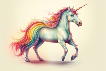 Naklejka na ściany i meble Unicorn with rainbow mane on colorful background. Vector illustration