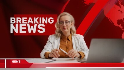 Embarrassed woman TV anchor forgot her text against breaking news background