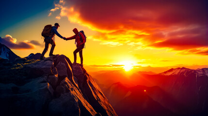 Couple of people standing on top of mountain with sunset in the background.