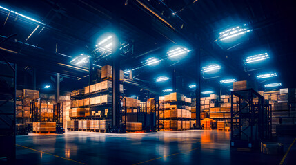 Large warehouse with lot of boxes on the floor and lights on the ceiling.