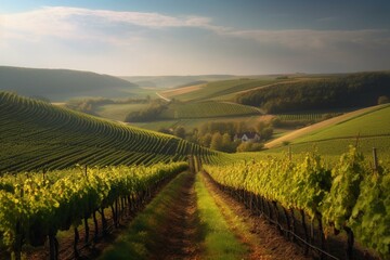 Fototapeta na wymiar Vineyards surrounded by hills in South Moravia, Czech Republic. Generative AI