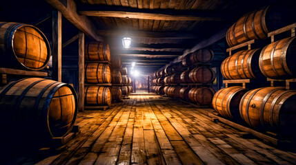 Room filled with lots of wooden barrels next to light on top of wooden floor.