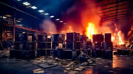 Room filled with lots of electronic equipment and fire in the background.