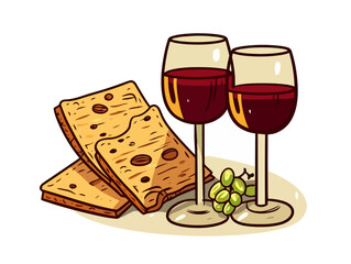 Doodle Matzah and wine, cartoon sticker, sketch, vector, Illustration, minimalistic