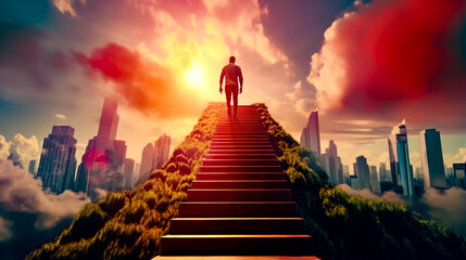 Man walking up flight of stairs towards city with tall buildings. - Powered by Adobe