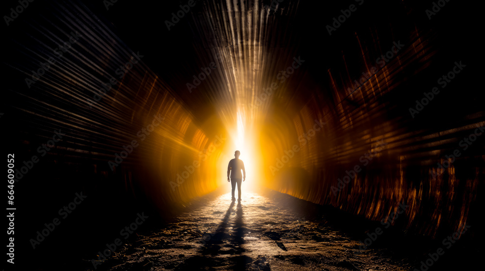 Poster man standing in dark tunnel with bright light coming from the end.