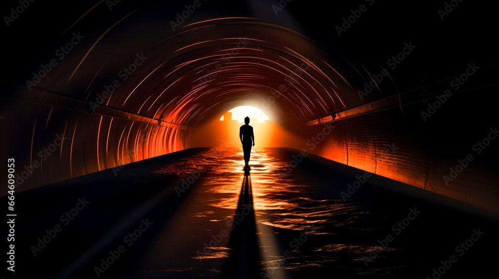 Poster man standing in the middle of tunnel with bright light at the end.
