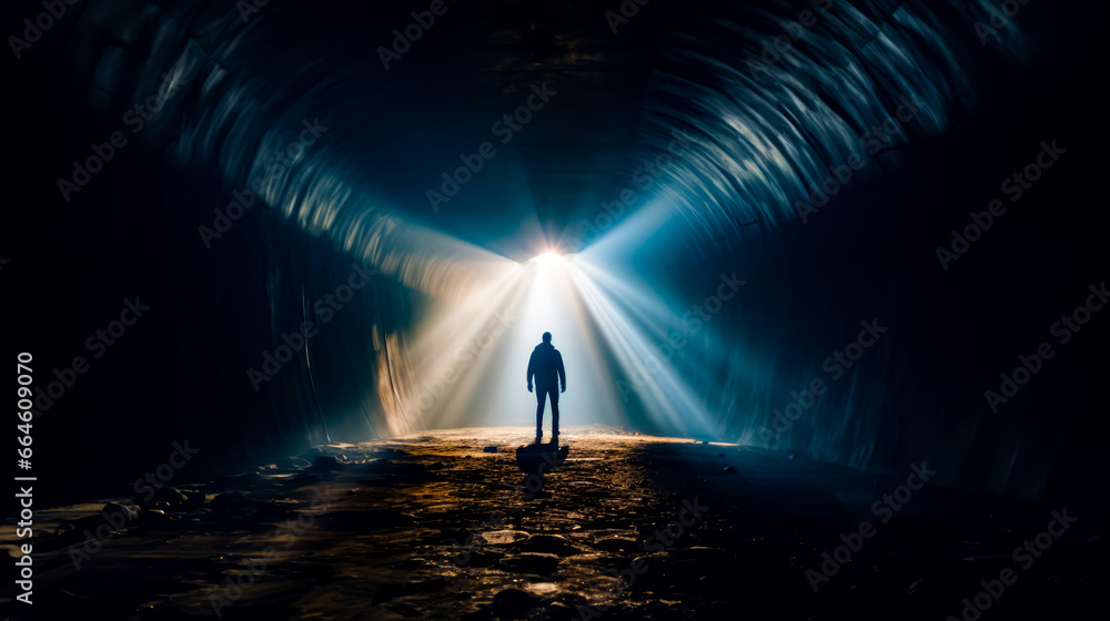 Aufkleber man standing in the middle of tunnel with light coming from it.