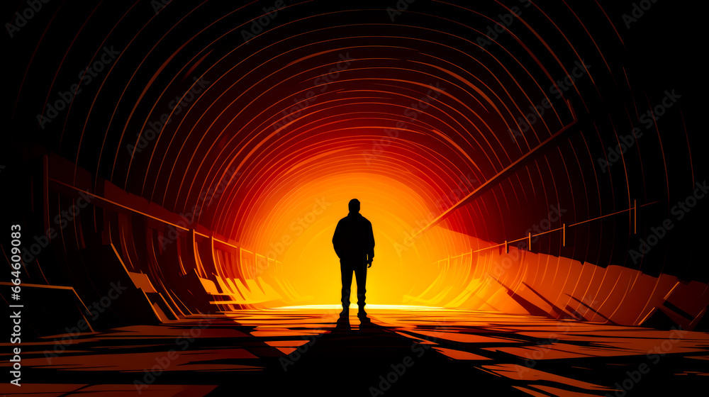 Poster man standing in the middle of tunnel with bright light at the end.