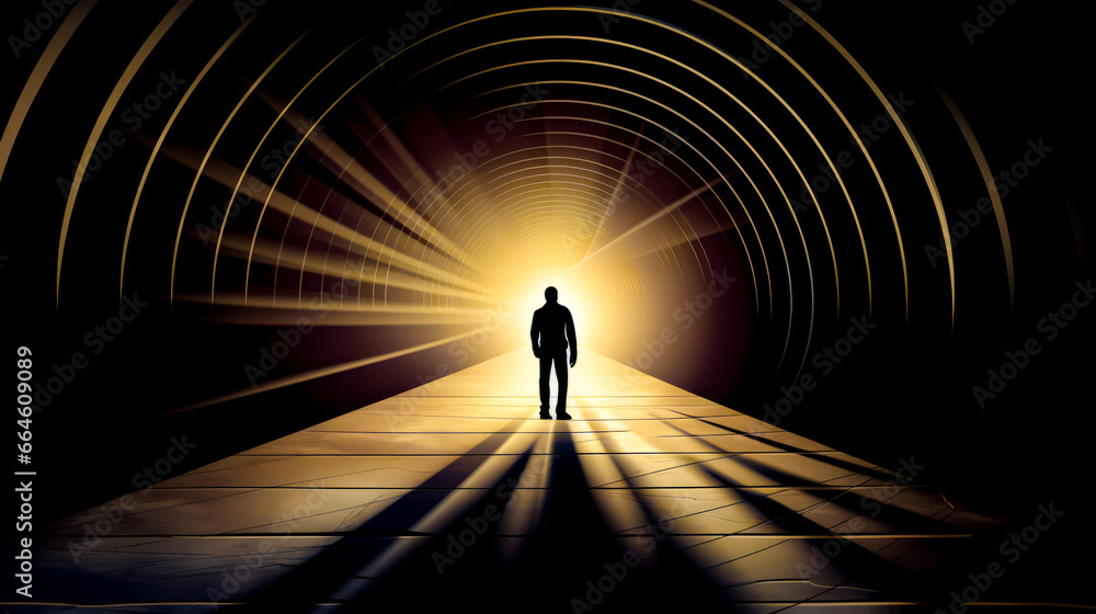 Aufkleber man standing in the middle of tunnel with light at the end.