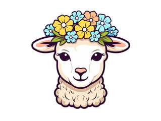 Doodle Lamb with flowers, cartoon sticker, sketch, vector, Illustration, minimalistic