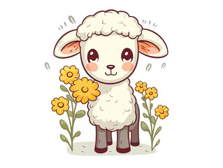 Doodle Lamb with flowers, cartoon sticker, sketch, vector, Illustration, minimalistic