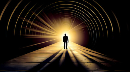 Man standing in the middle of tunnel with light at the end.