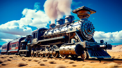 Steam engine train traveling through desert under blue sky with clouds. - obrazy, fototapety, plakaty