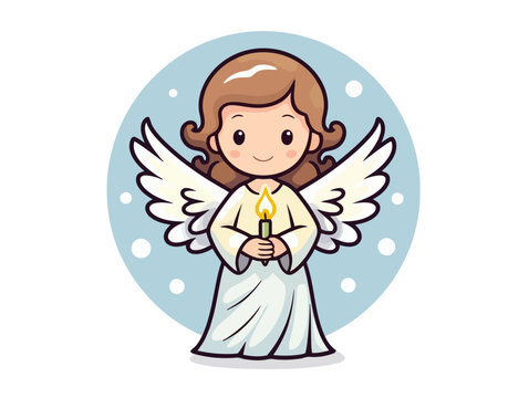 Doodle Angel with candle, cartoon sticker, sketch, vector, Illustration, minimalistic