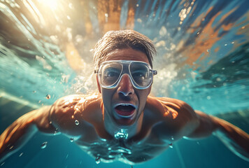 Man in swimming pool, swimming under water - obrazy, fototapety, plakaty