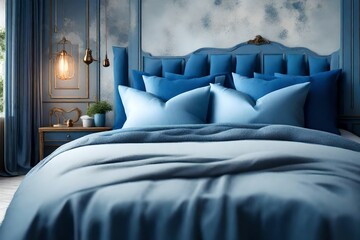 Blue pillows on bed. French country interior design