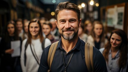 Smiling man in crowd, emanating confidence amid bustle.