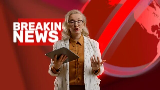 Female broadcaster with tablet talking to audience on breaking news background