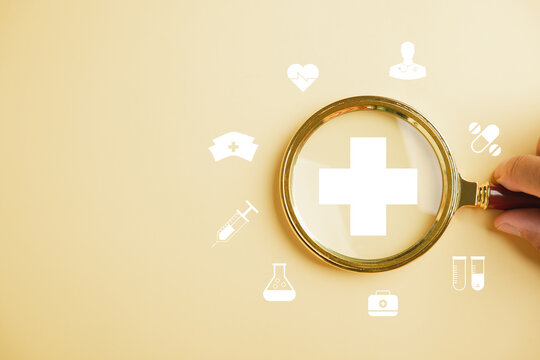 Health insurance in focus, Magnifying glass highlights plus symbol and healthcare icon. Showcases welfare health access, innovation, and quality care. health concept