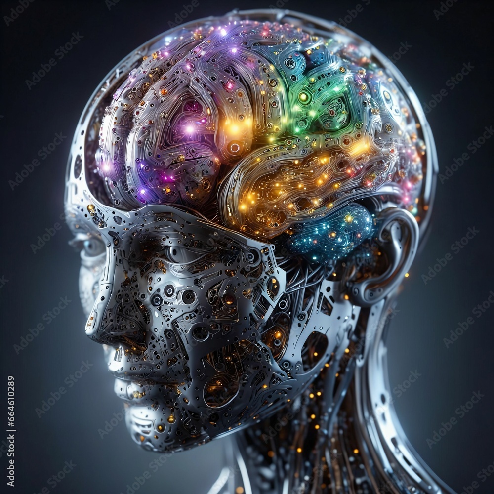 Poster an artificial human being. the face and brain of an android. artificial super intelligence. artifici