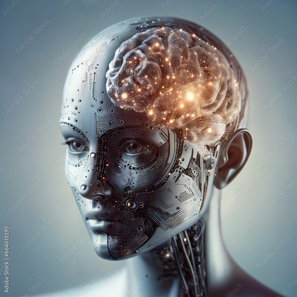 Fototapete an artificial human being. the face and brain of an android. artificial super intelligence. artifici