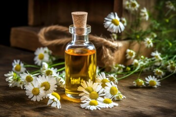 Obraz na płótnie Canvas Natural Chamomile essential oil. Healthy beauty plant. Generate Ai