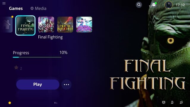 Scrolling through the console game selection screen. Interface of the modern console game selection menu. Player selecting the army shooter simulator console game. Choosing a soldier hero.