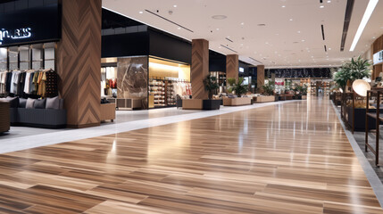 interior of empty modern shopping mall with spc flooring - obrazy, fototapety, plakaty