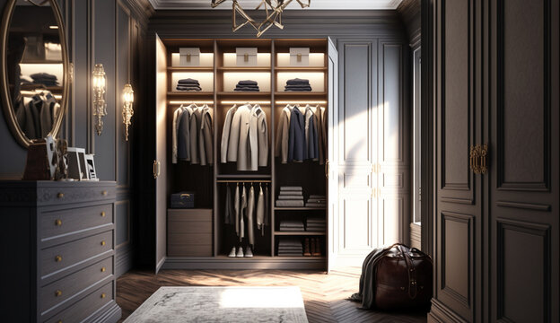 Modern closets wardrobe storage interiors design AI Generated image
