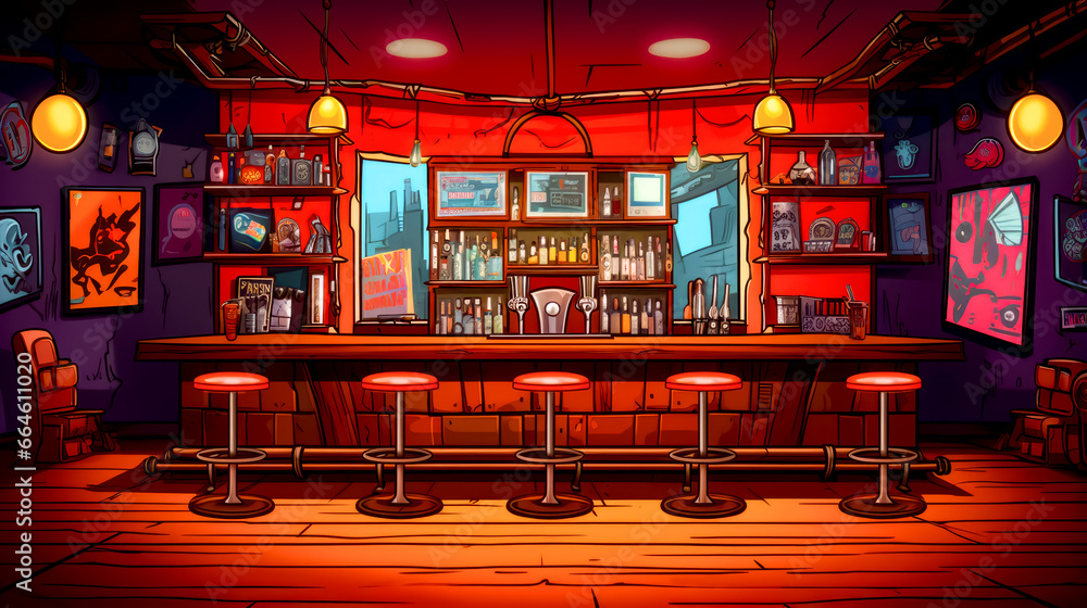 Aufkleber drawing of bar with stools in front of red wall.