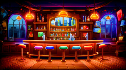 Brightly lit bar with stools in front of bar with lot of bottles on it.