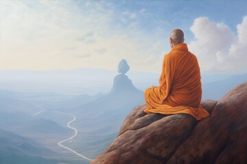 Tibetian monk meditating on top of the mountain - obrazy, fototapety, plakaty